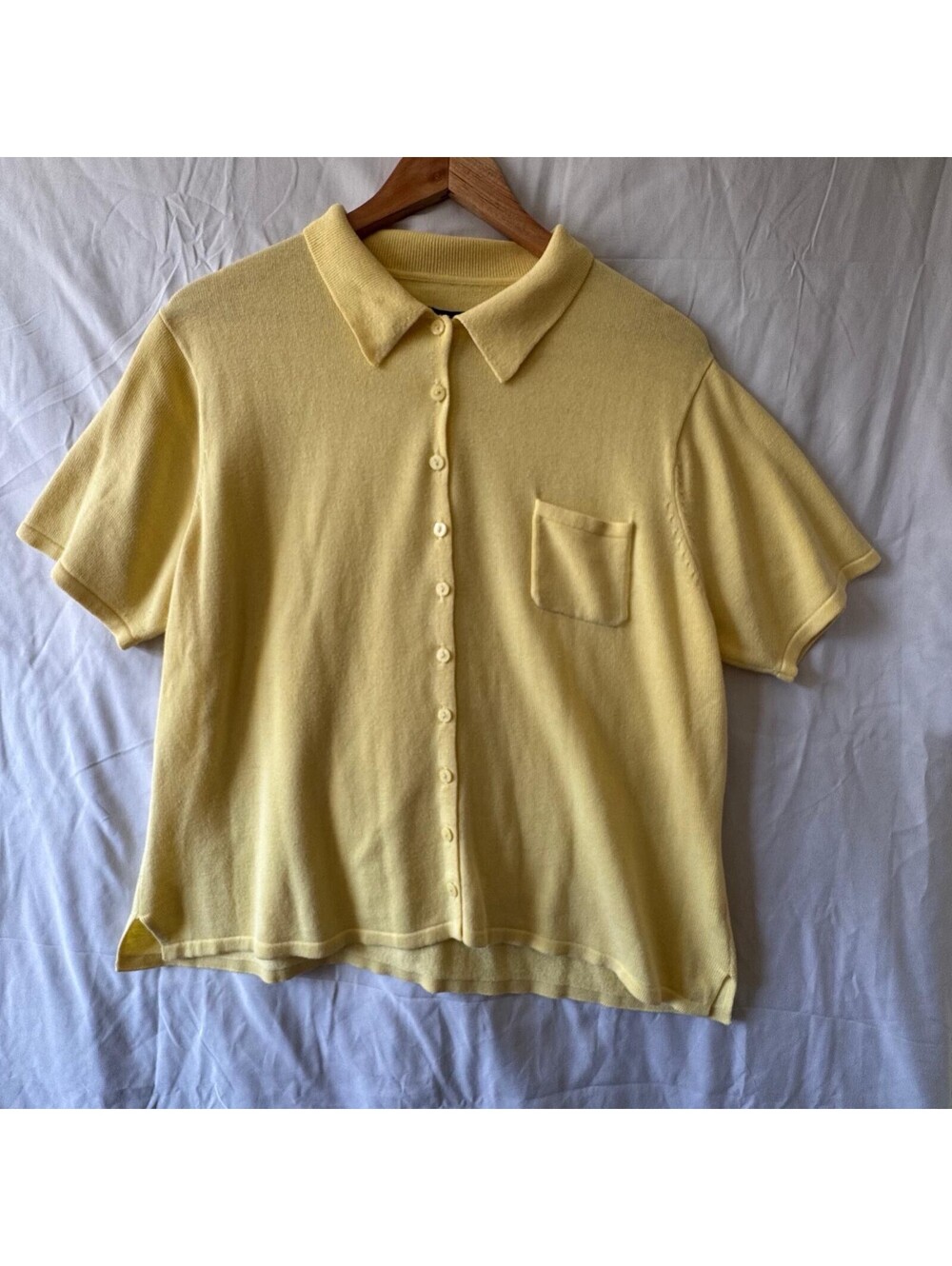 NY & Co Top M Yellow Button Polo Sweater Pocket Short Sleeve Collared